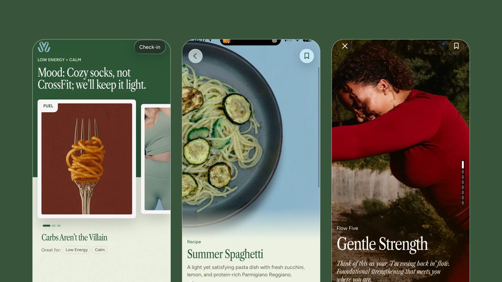 Mavie app screens featured in the product video — mood check-in, recipes, and gentle workouts